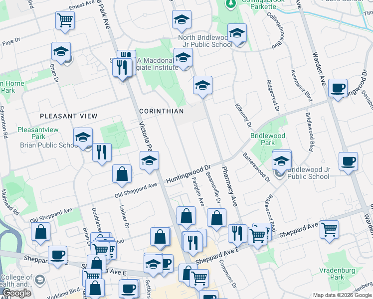 map of restaurants, bars, coffee shops, grocery stores, and more near 107 Fairglen Avenue in Toronto