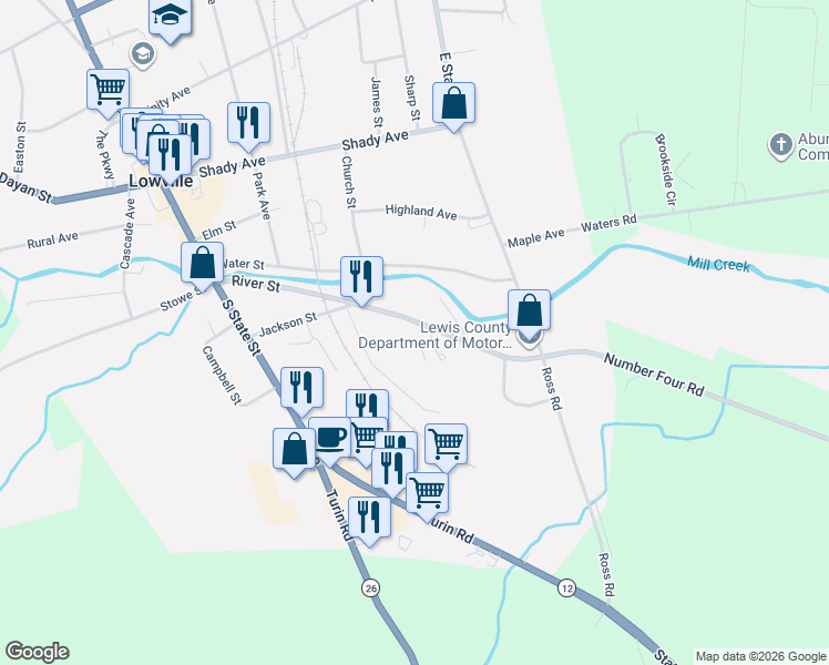 map of restaurants, bars, coffee shops, grocery stores, and more near 7421 East Road in Lowville