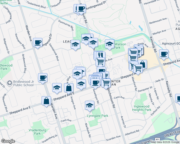 map of restaurants, bars, coffee shops, grocery stores, and more near 375 Bay Mills Boulevard in Toronto