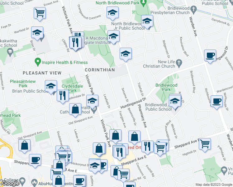 map of restaurants, bars, coffee shops, grocery stores, and more near 107 Fairglen Avenue in Toronto
