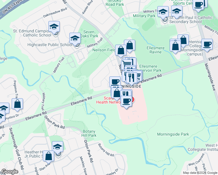 map of restaurants, bars, coffee shops, grocery stores, and more near 27 Trailridge Crescent in Toronto