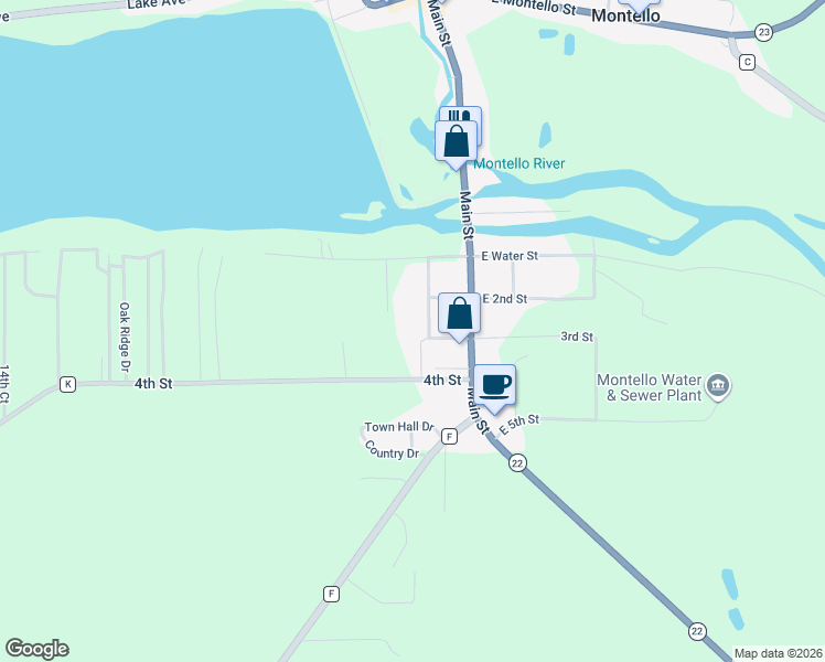 map of restaurants, bars, coffee shops, grocery stores, and more near 497 Lake Street in Montello