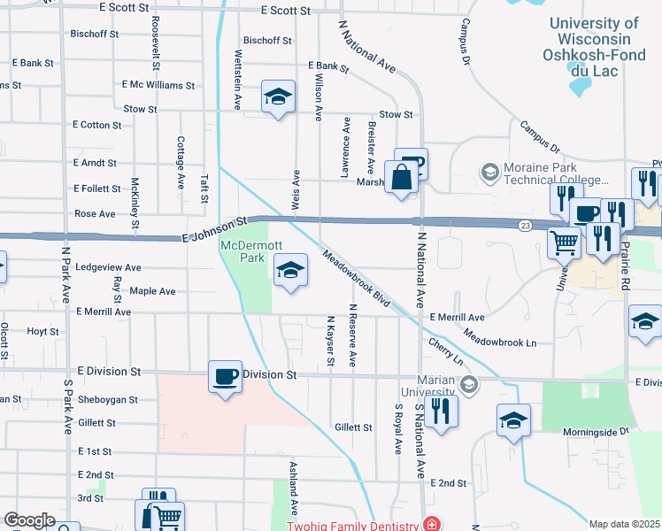 map of restaurants, bars, coffee shops, grocery stores, and more near 146 Meadowbrook Boulevard in Fond du Lac
