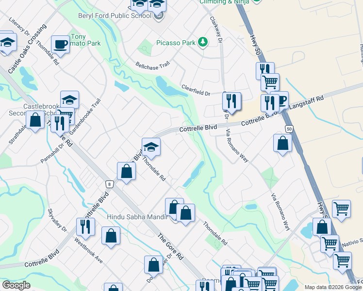 map of restaurants, bars, coffee shops, grocery stores, and more near 15 Mauve Drive in Brampton
