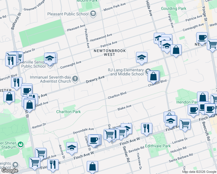 map of restaurants, bars, coffee shops, grocery stores, and more near 54 Tefley Road in Toronto
