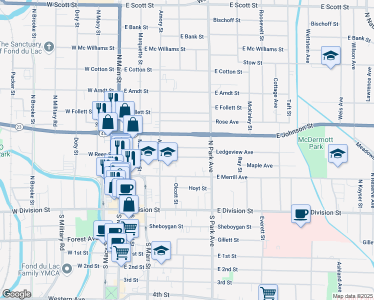 map of restaurants, bars, coffee shops, grocery stores, and more near 163 East Merrill Avenue in Fond du Lac