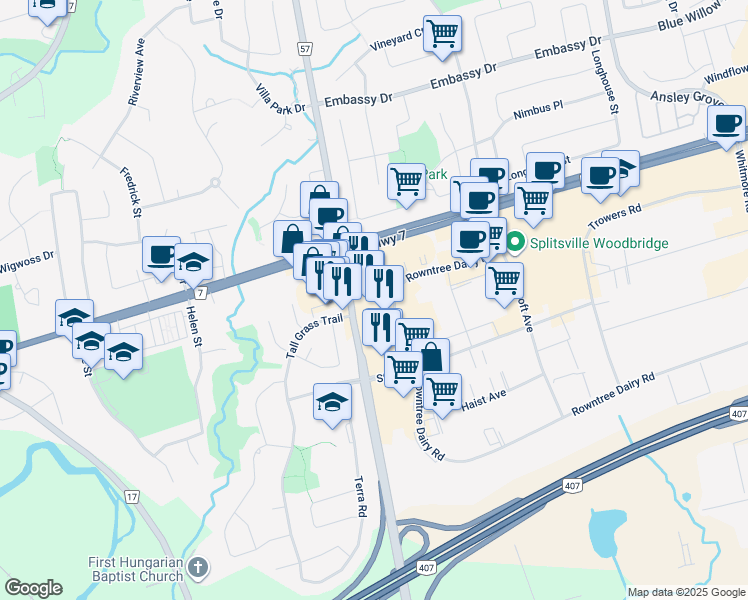 map of restaurants, bars, coffee shops, grocery stores, and more near in Vaughan