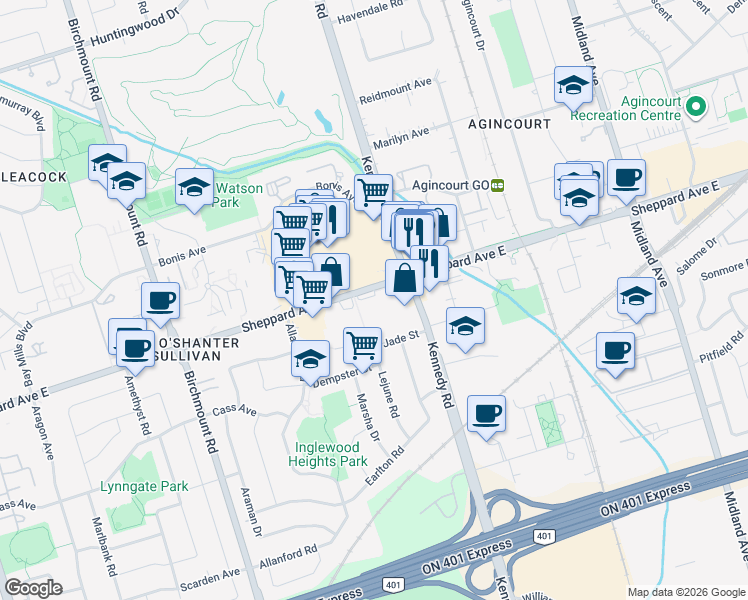 map of restaurants, bars, coffee shops, grocery stores, and more near 3875 Sheppard Avenue East in Toronto