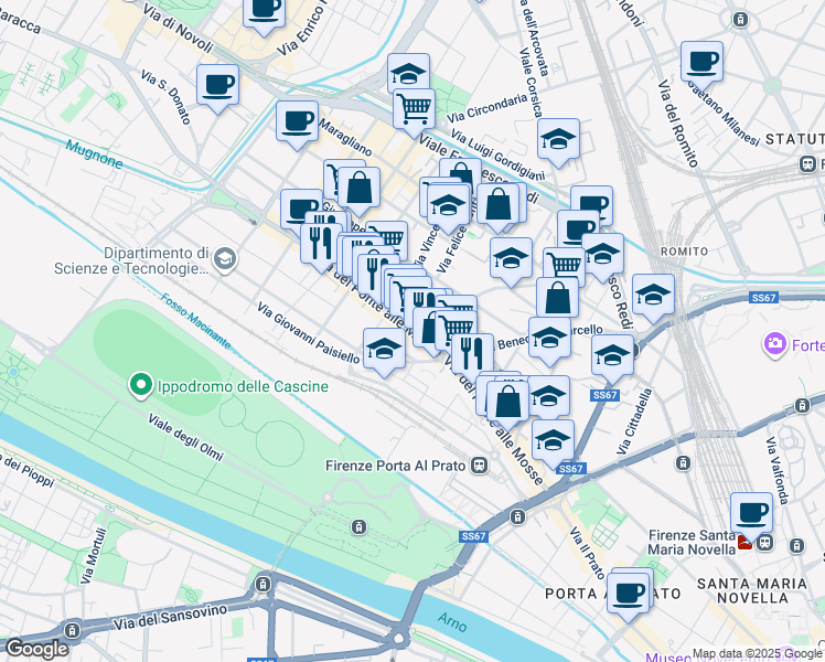 map of restaurants, bars, coffee shops, grocery stores, and more near 131 Via del Ponte alle Mosse in Firenze