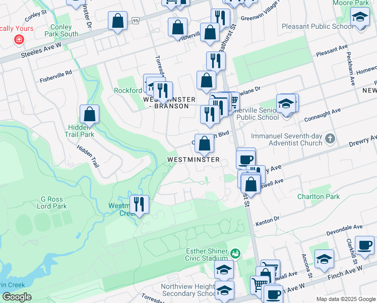 map of restaurants, bars, coffee shops, grocery stores, and more near 55 Cedarcroft Boulevard in Toronto