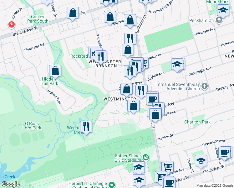 map of restaurants, bars, coffee shops, grocery stores, and more near 55 Cedarcroft Boulevard in Toronto