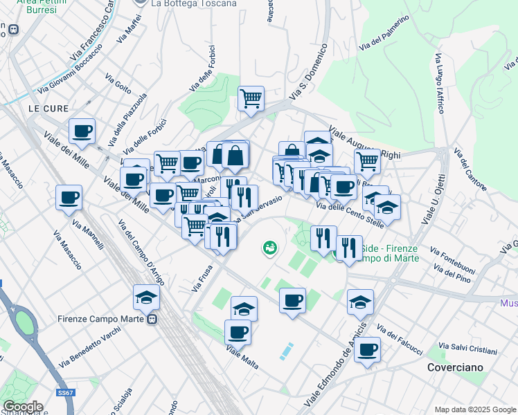 map of restaurants, bars, coffee shops, grocery stores, and more near 53 Viale Manfredo Fanti in Florence