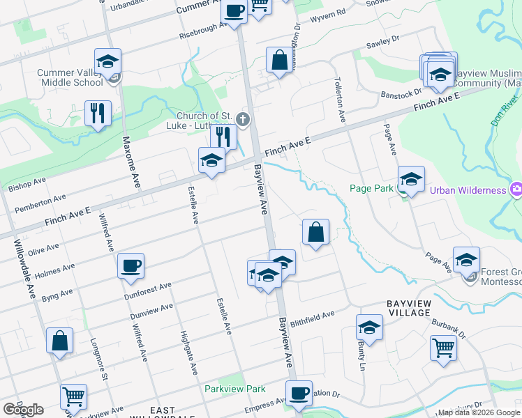 map of restaurants, bars, coffee shops, grocery stores, and more near 319 Holmes Avenue in Toronto