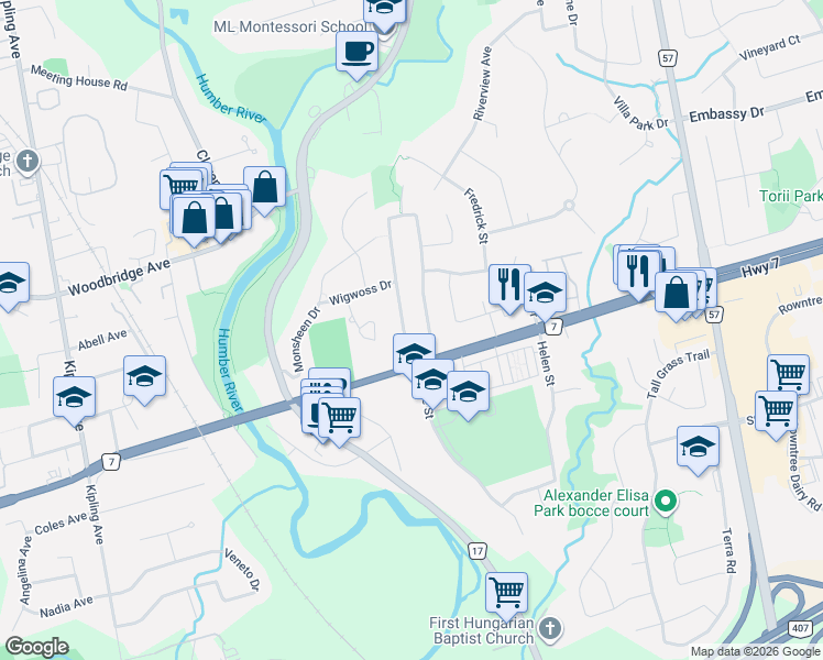 map of restaurants, bars, coffee shops, grocery stores, and more near 98 Arrowhead Drive in Vaughan
