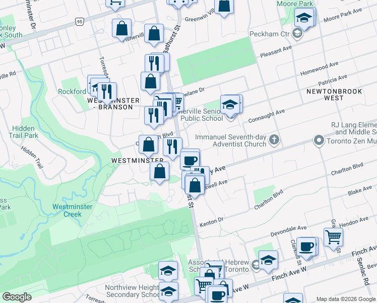 map of restaurants, bars, coffee shops, grocery stores, and more near 5937 Bathurst Street in Toronto