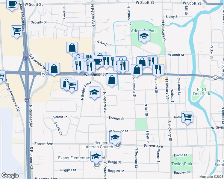map of restaurants, bars, coffee shops, grocery stores, and more near 616 West Johnson Street in Fond du Lac