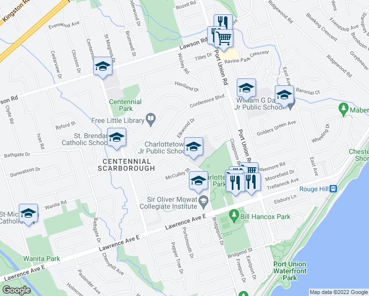 map of restaurants, bars, coffee shops, grocery stores, and more near 7 Chapais Crescent in Toronto