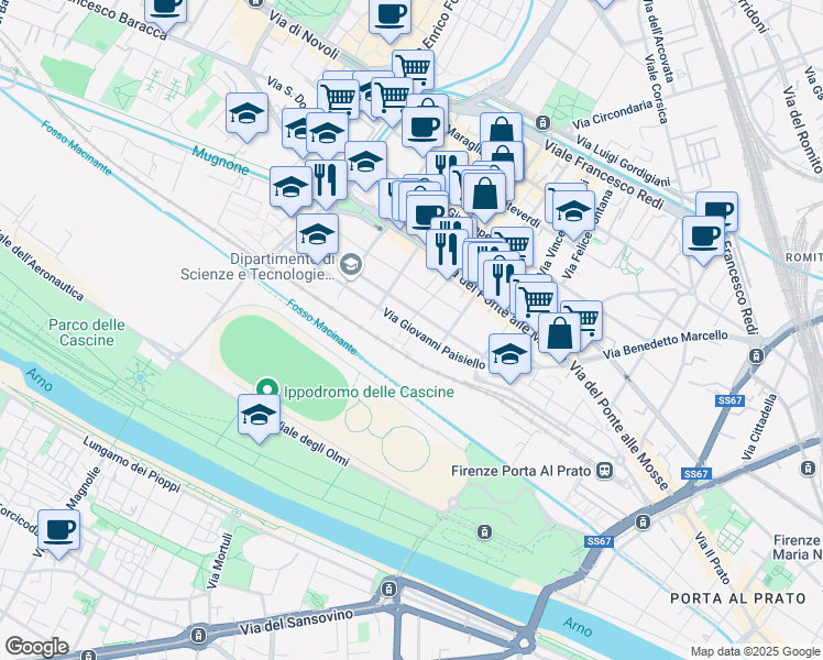 map of restaurants, bars, coffee shops, grocery stores, and more near 21-33 Via G. S. Mercadante in Florence