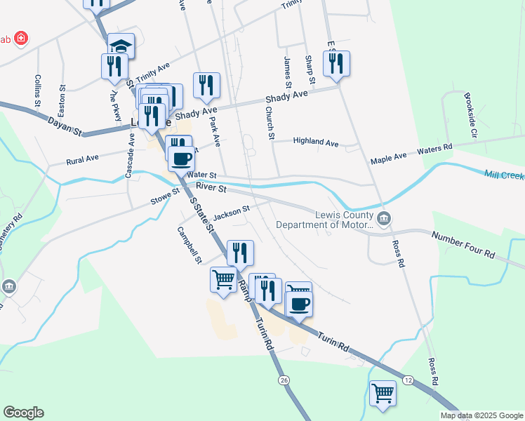 map of restaurants, bars, coffee shops, grocery stores, and more near 5503 County Road 22 in Lowville