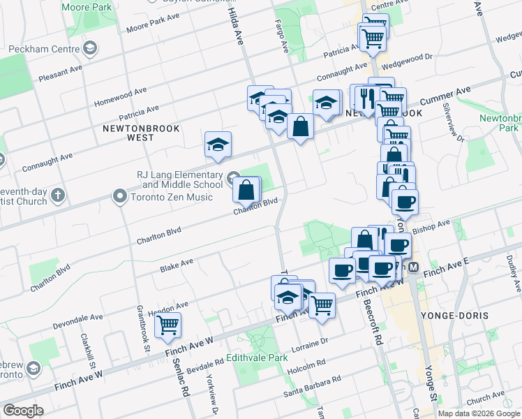 map of restaurants, bars, coffee shops, grocery stores, and more near 18 Charlton Boulevard in Toronto