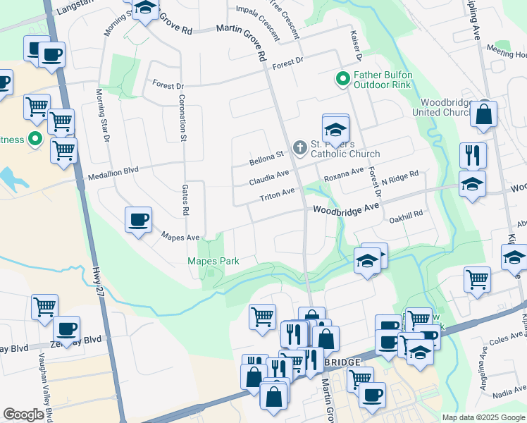 map of restaurants, bars, coffee shops, grocery stores, and more near 39 Triton Avenue in Vaughan