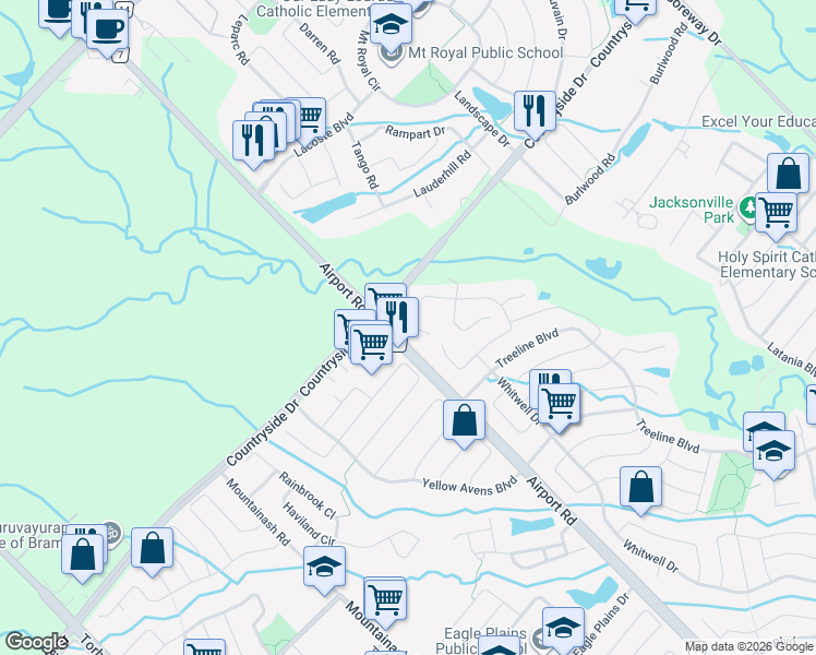 map of restaurants, bars, coffee shops, grocery stores, and more near 63 Donwoods Court in Brampton