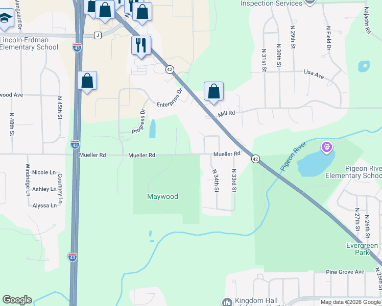 map of restaurants, bars, coffee shops, grocery stores, and more near 3528 Mueller Road in Sheboygan