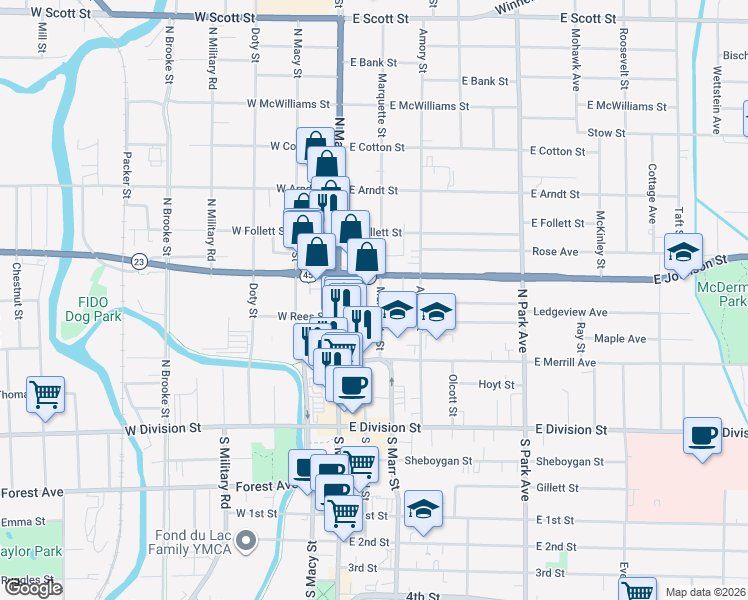 map of restaurants, bars, coffee shops, grocery stores, and more near 23 Wisconsin 23 in Fond du Lac