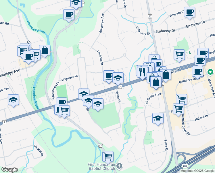 map of restaurants, bars, coffee shops, grocery stores, and more near 4800 Highway 7 in Vaughan