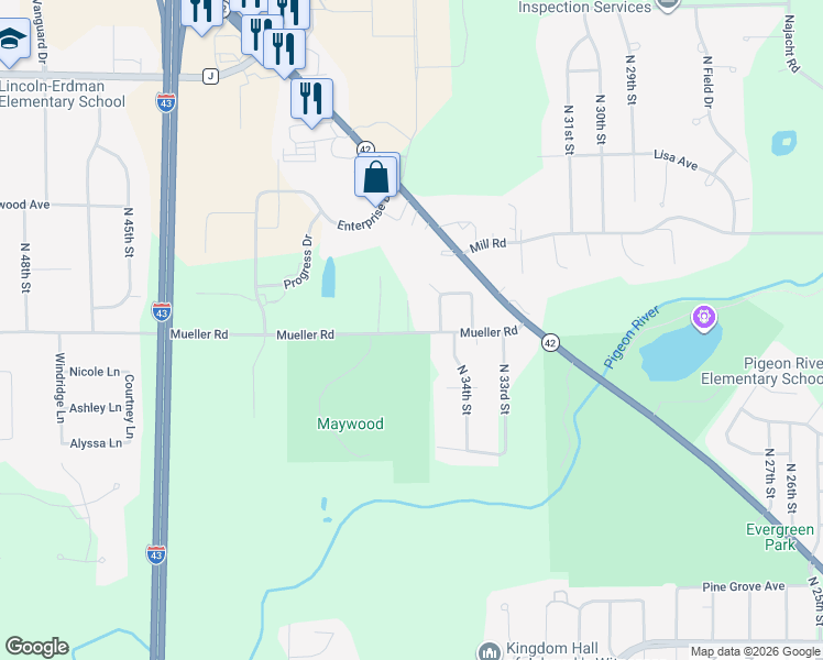 map of restaurants, bars, coffee shops, grocery stores, and more near 3528 Mueller Road in Sheboygan