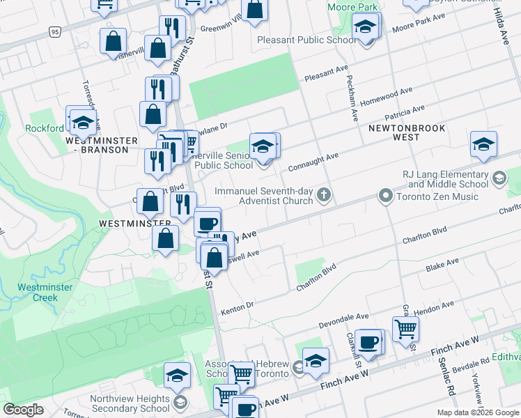 map of restaurants, bars, coffee shops, grocery stores, and more near 63 Marathon Crescent in Toronto