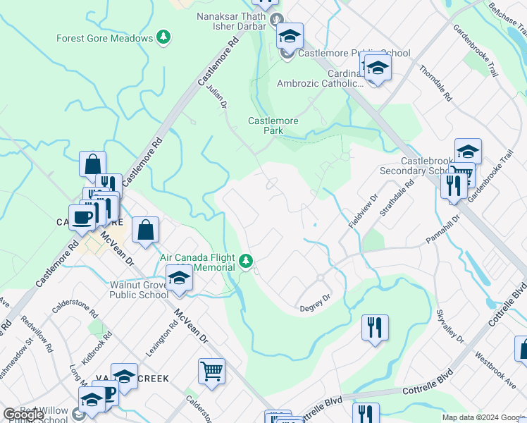 map of restaurants, bars, coffee shops, grocery stores, and more near 146 Degrey Drive in Brampton