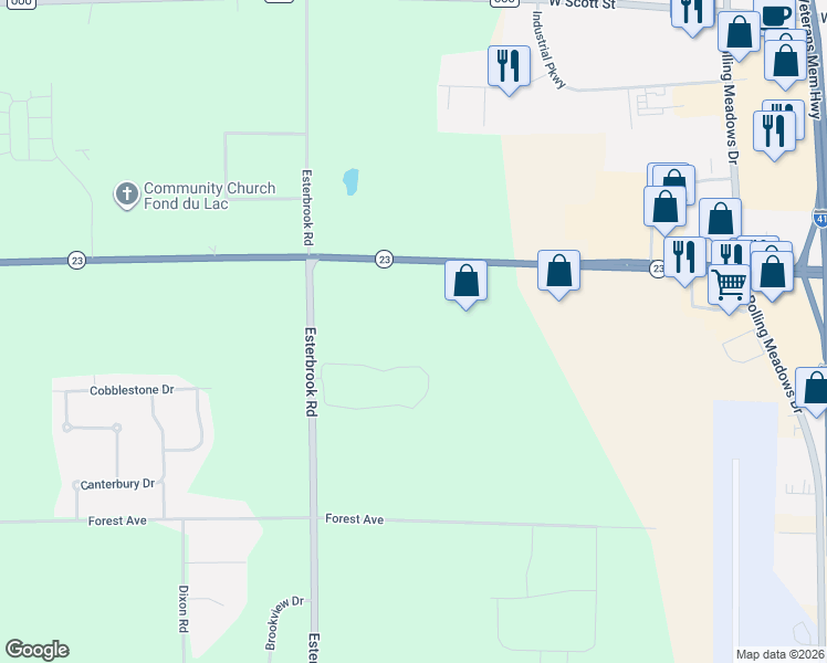 map of restaurants, bars, coffee shops, grocery stores, and more near W6826 Highway 23 Trunk in Fond du Lac