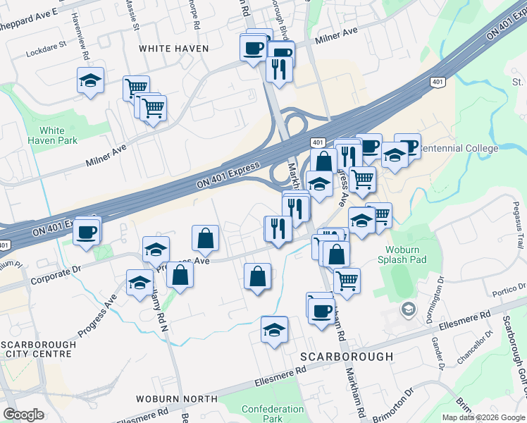 map of restaurants, bars, coffee shops, grocery stores, and more near 43 Estate Drive in Toronto