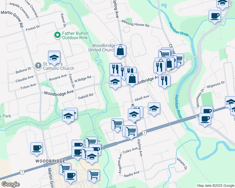 map of restaurants, bars, coffee shops, grocery stores, and more near 377 Woodbridge Avenue in Vaughan