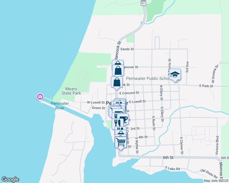 map of restaurants, bars, coffee shops, grocery stores, and more near 27 Park Street in Pentwater