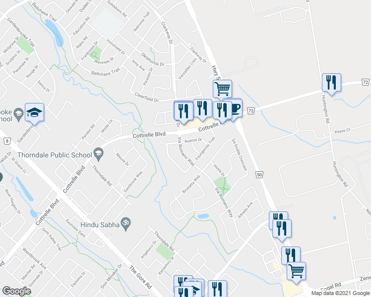 map of restaurants, bars, coffee shops, grocery stores, and more near 90 Via Romano Way in Brampton