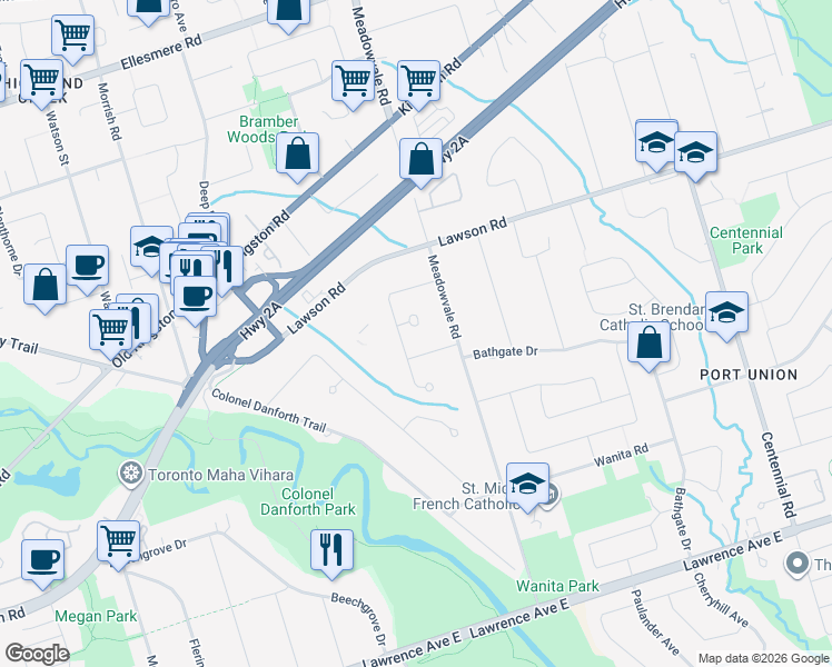 map of restaurants, bars, coffee shops, grocery stores, and more near 146 Meadowvale Road in Toronto