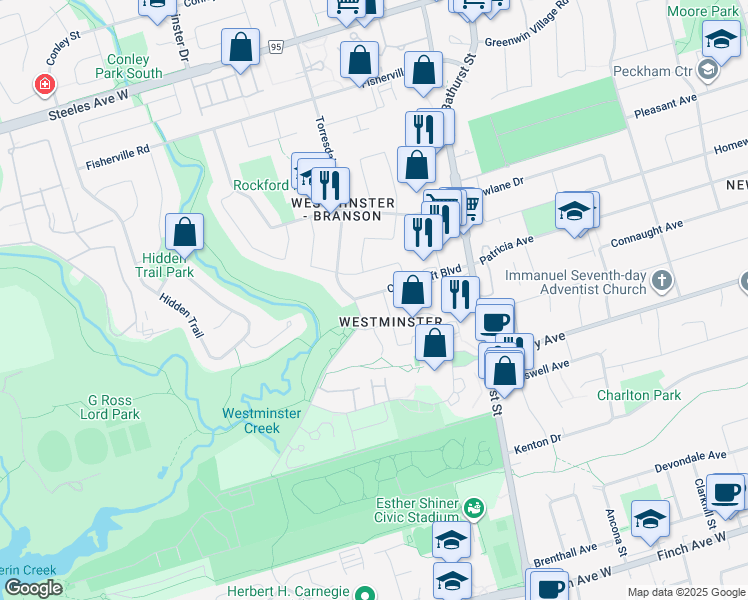 map of restaurants, bars, coffee shops, grocery stores, and more near 45 Cedarcroft Boulevard in Toronto