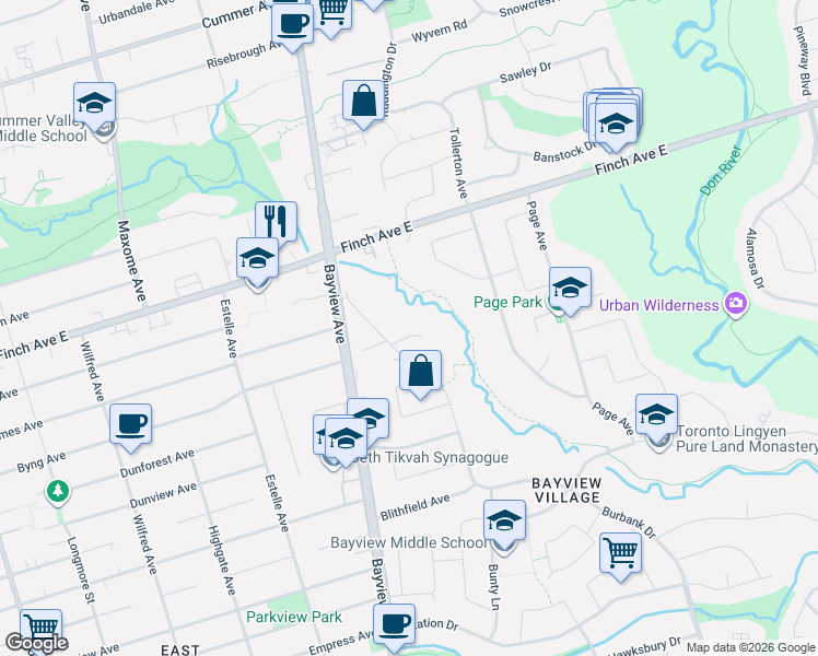 map of restaurants, bars, coffee shops, grocery stores, and more near 6 Farmingdale Road in Toronto