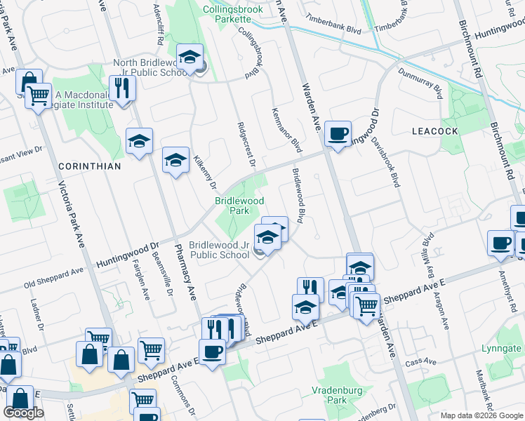 map of restaurants, bars, coffee shops, grocery stores, and more near 445 Huntingwood Drive in Toronto