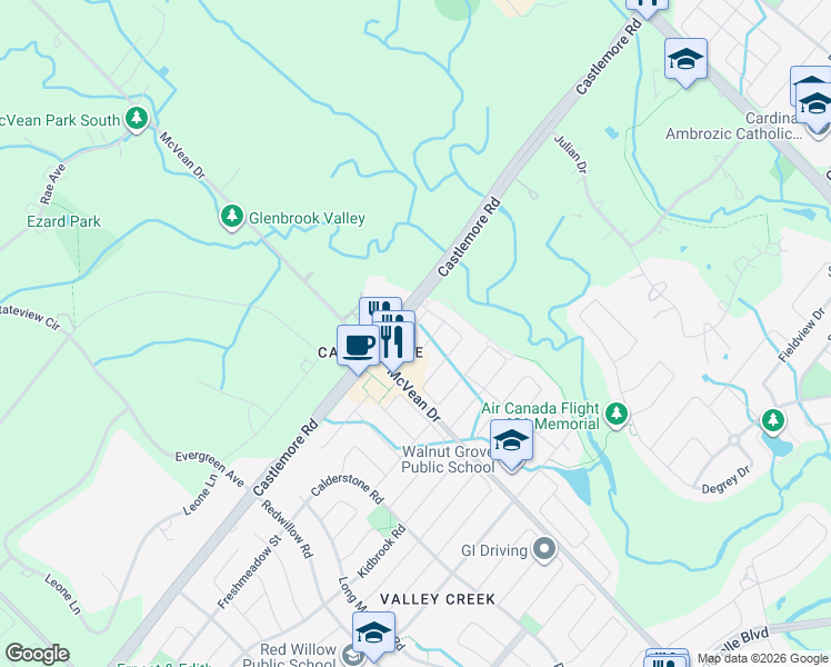 map of restaurants, bars, coffee shops, grocery stores, and more near 10145 McVean Drive in Brampton
