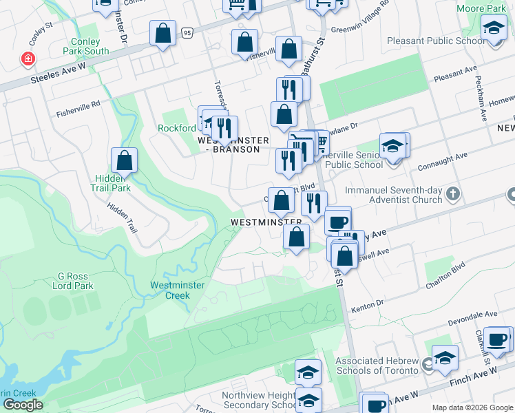 map of restaurants, bars, coffee shops, grocery stores, and more near in Toronto