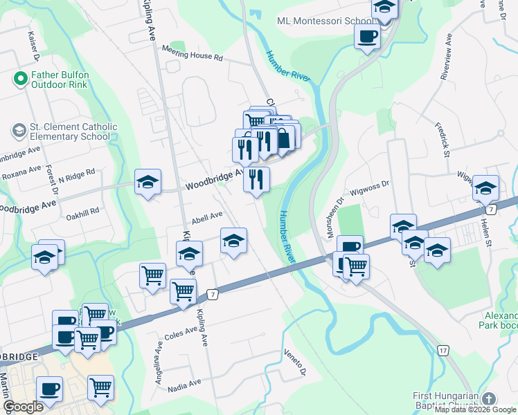 map of restaurants, bars, coffee shops, grocery stores, and more near 65 Wallace Street in Vaughan