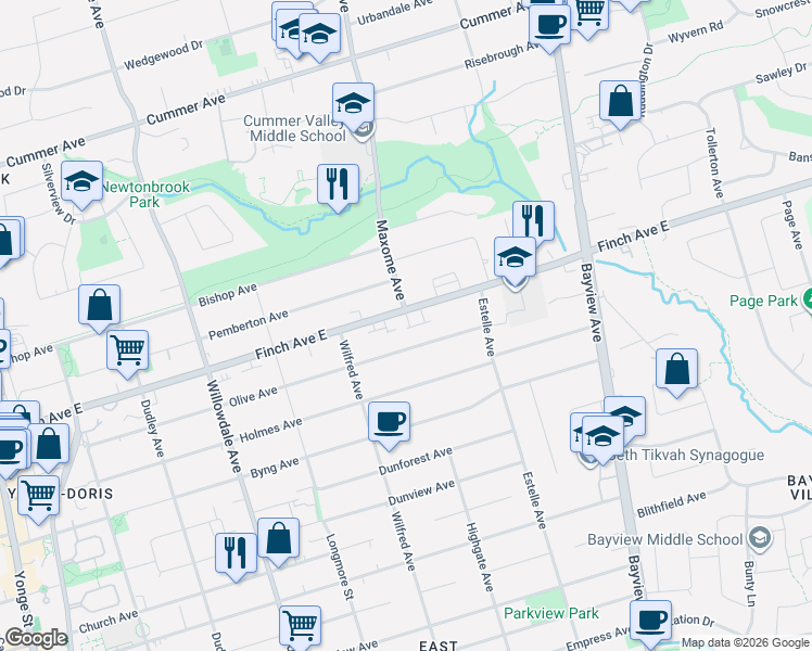 map of restaurants, bars, coffee shops, grocery stores, and more near 2 Hayes Lane in Toronto