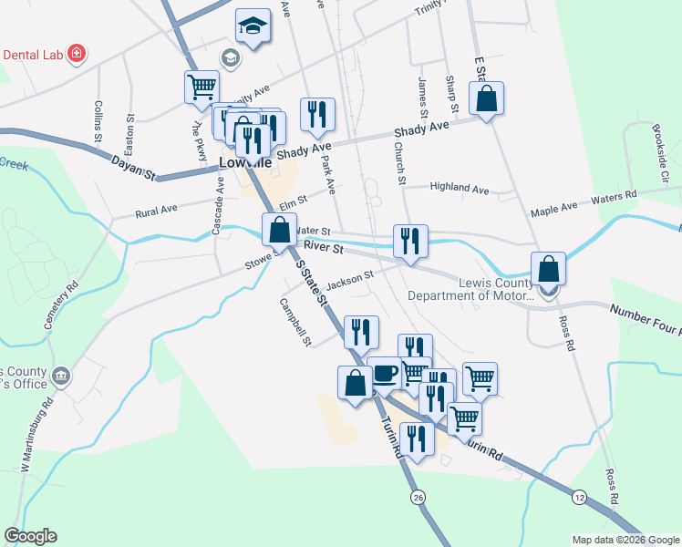 map of restaurants, bars, coffee shops, grocery stores, and more near 5494 River Street in Lowville