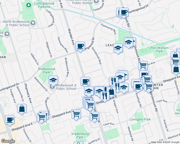 map of restaurants, bars, coffee shops, grocery stores, and more near 12 Wardencourt Drive in Toronto