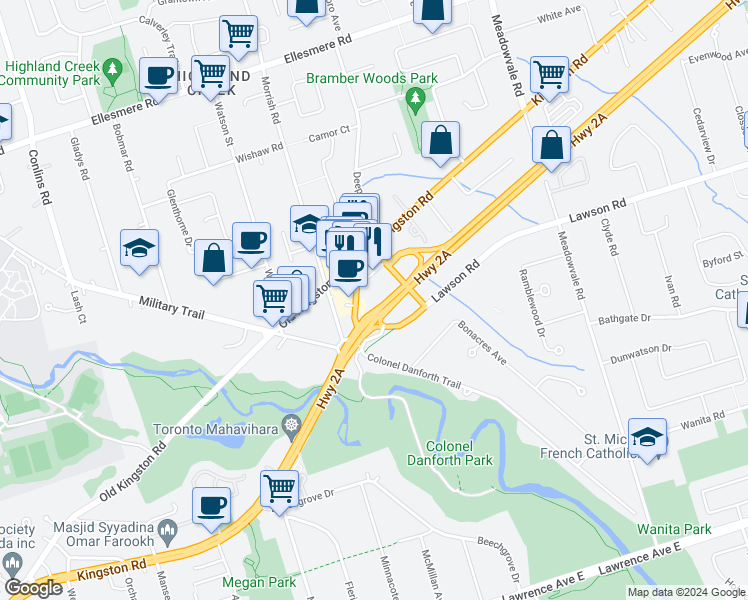 map of restaurants, bars, coffee shops, grocery stores, and more near 6075 Kingston Road in Toronto