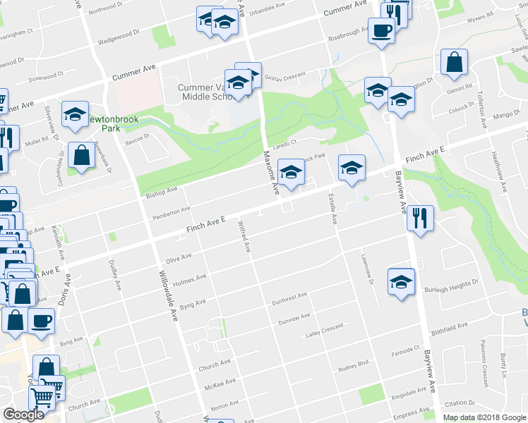 map of restaurants, bars, coffee shops, grocery stores, and more near 215 Pemberton Avenue in Toronto