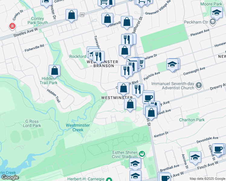 map of restaurants, bars, coffee shops, grocery stores, and more near in Toronto